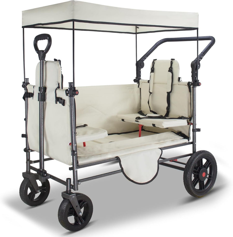Side-Opening Folding Wagon 120kg Load w/ 2 Seats Canopy Big Wheels Brake Beige