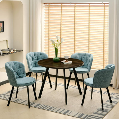 4 Navy Blue Linen Dining Chairs & Round Walnut Table Set for Kitchen Room
