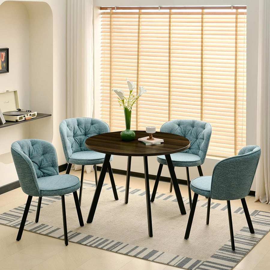 4 Navy Blue Linen Dining Chairs & Round Walnut Table Set for Kitchen Room