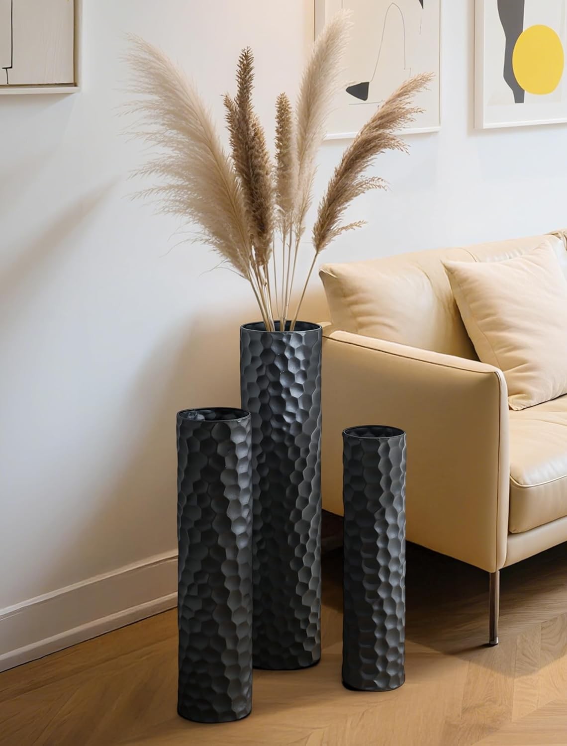 Large Black Metal Floor Vase Set Tall Modern Honeycomb Home Decor 3pcs