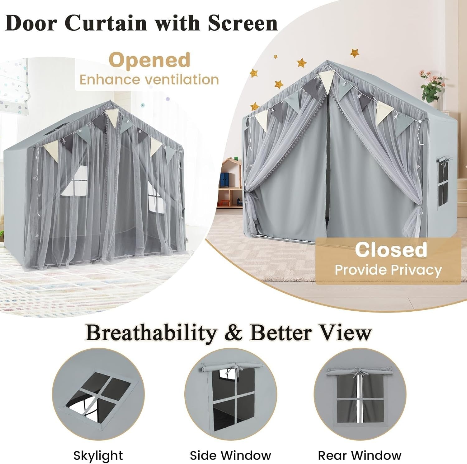 Grey Kids Fairy Play Tent Indoor Playhouse w Lights Mat Curtains