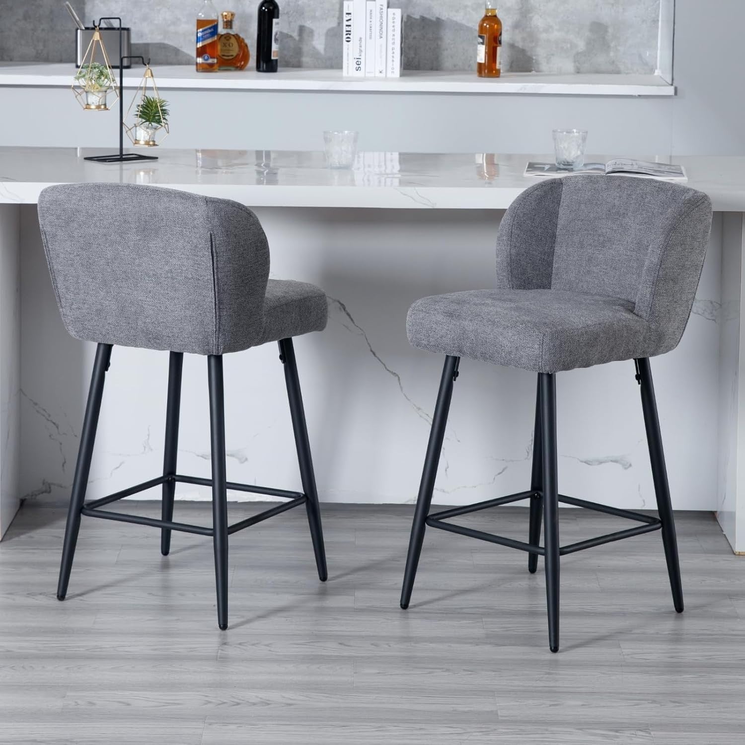 Grey Linen Bar Stool Set 2 – Upholstered High Counter Kitchen Chairs