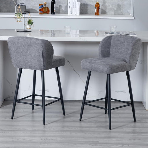 Grey Linen Bar Stool Set 2 – Upholstered High Counter Kitchen Chairs