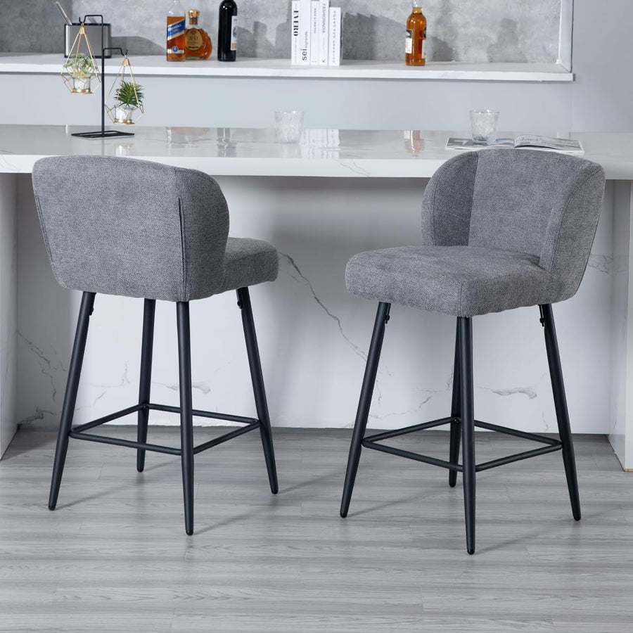 Grey Linen Bar Stool Set 2 – Upholstered High Counter Kitchen Chairs