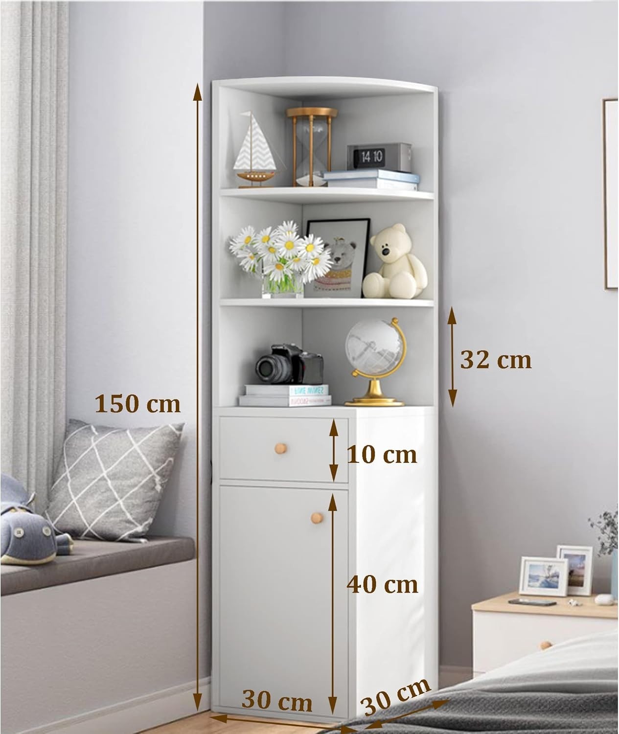 Corner Storage Cabinet White 3-Tier Shelves with Drawer & Door 150x30cm