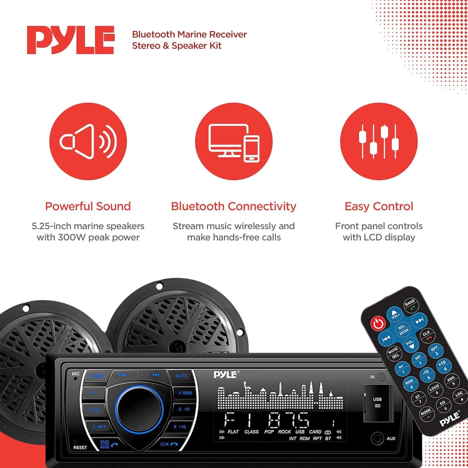 Pyle Marine Headunit Receiver Kit Waterproof 5.25" Speakers Bluetooth
