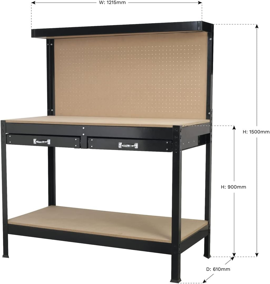 Workbench 1.2m with Drawers Pegboard Shelf Boltless Assembly 100kg Capacity