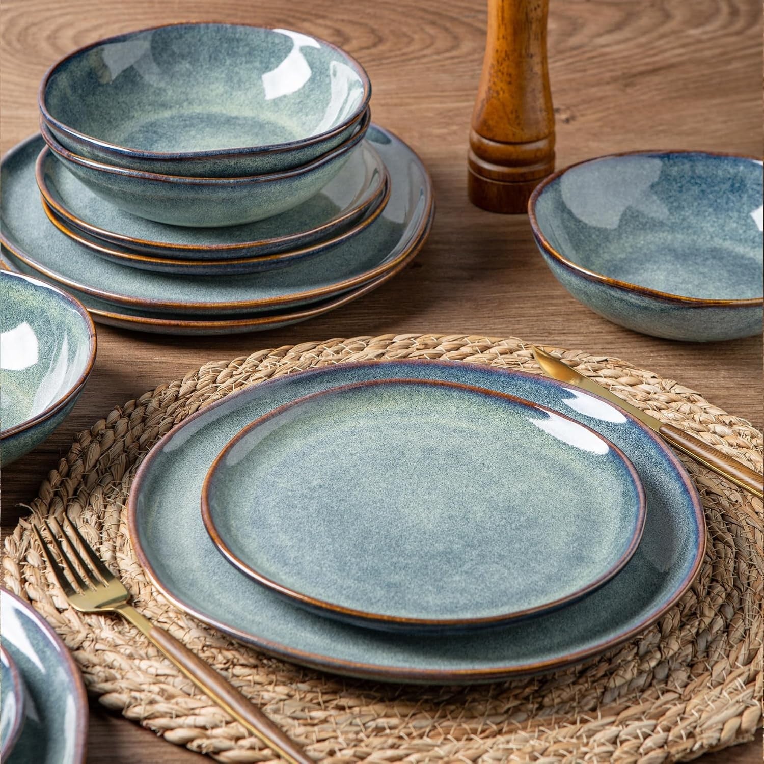 18pc Stoneware Dinnerware Set Reactive Blue Plates Bowls Dishwasher Safe