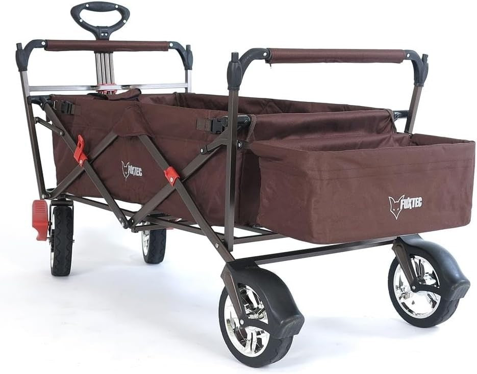 Brown Kids Folding Wagon Push Pull Stroller Cart w/ Canopy & Storage Bag