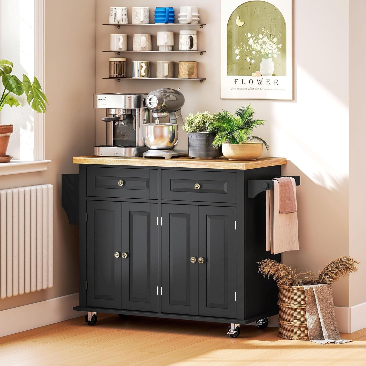 Kitchen Island Trolley on Wheels Storage Cabinet Drawers Shelves Solid Wood