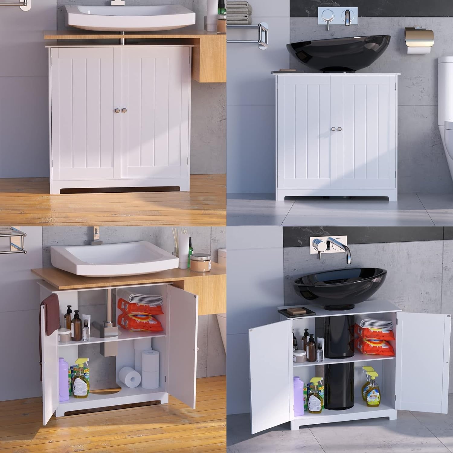White Bathroom Sink Cabinet – 2 Door Under Sink Storage Unit with Adjustable