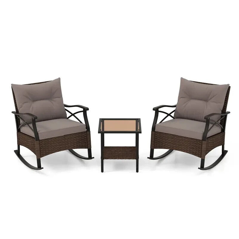 Patio Rattan Rocking Chair Set 3PC With Glass Top Coffee Table Cushions