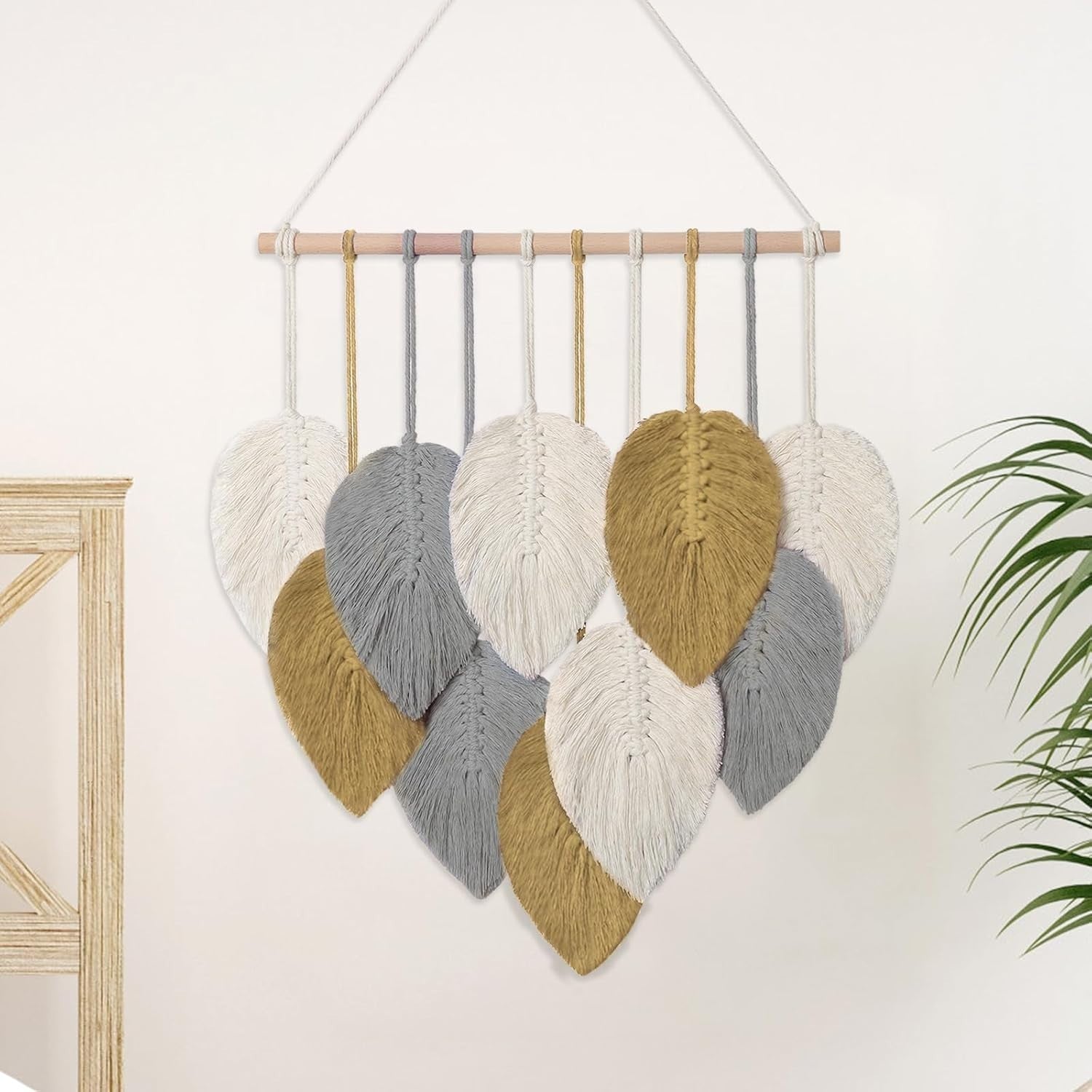 Small Macrame Wall Hanging Boho Leaf Woven Decor Yellow