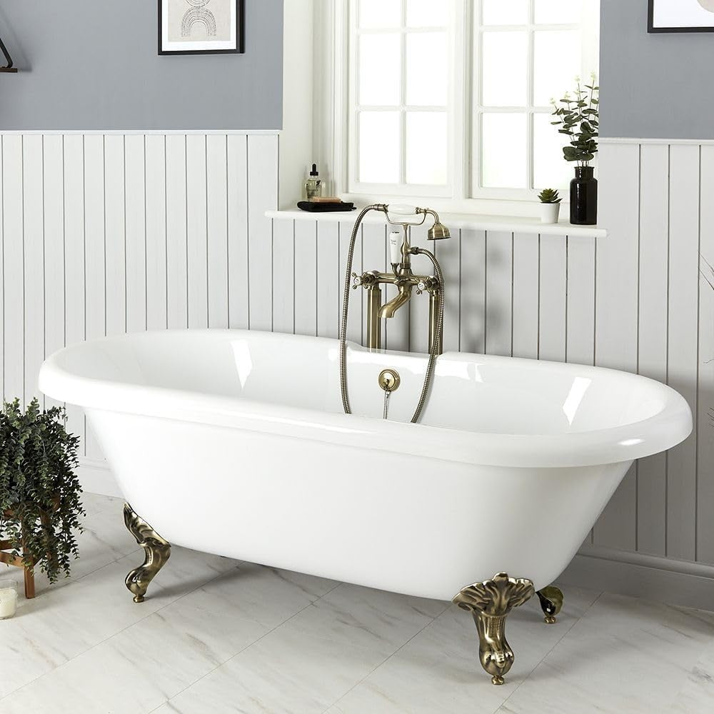 White Double Ended Roll Top Bath 1795x785mm Freestanding Gold Claw Feet