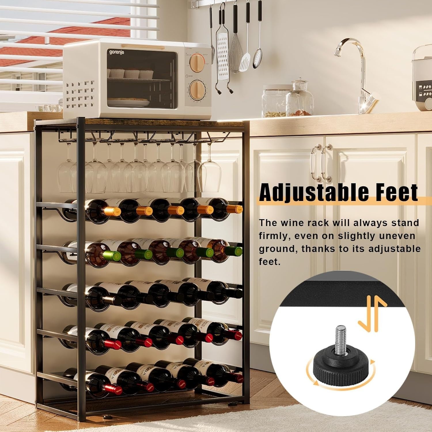 5-Tier Wine Rack Stand for 25 Bottles & 12 Glasses with Wooden Top – Metal