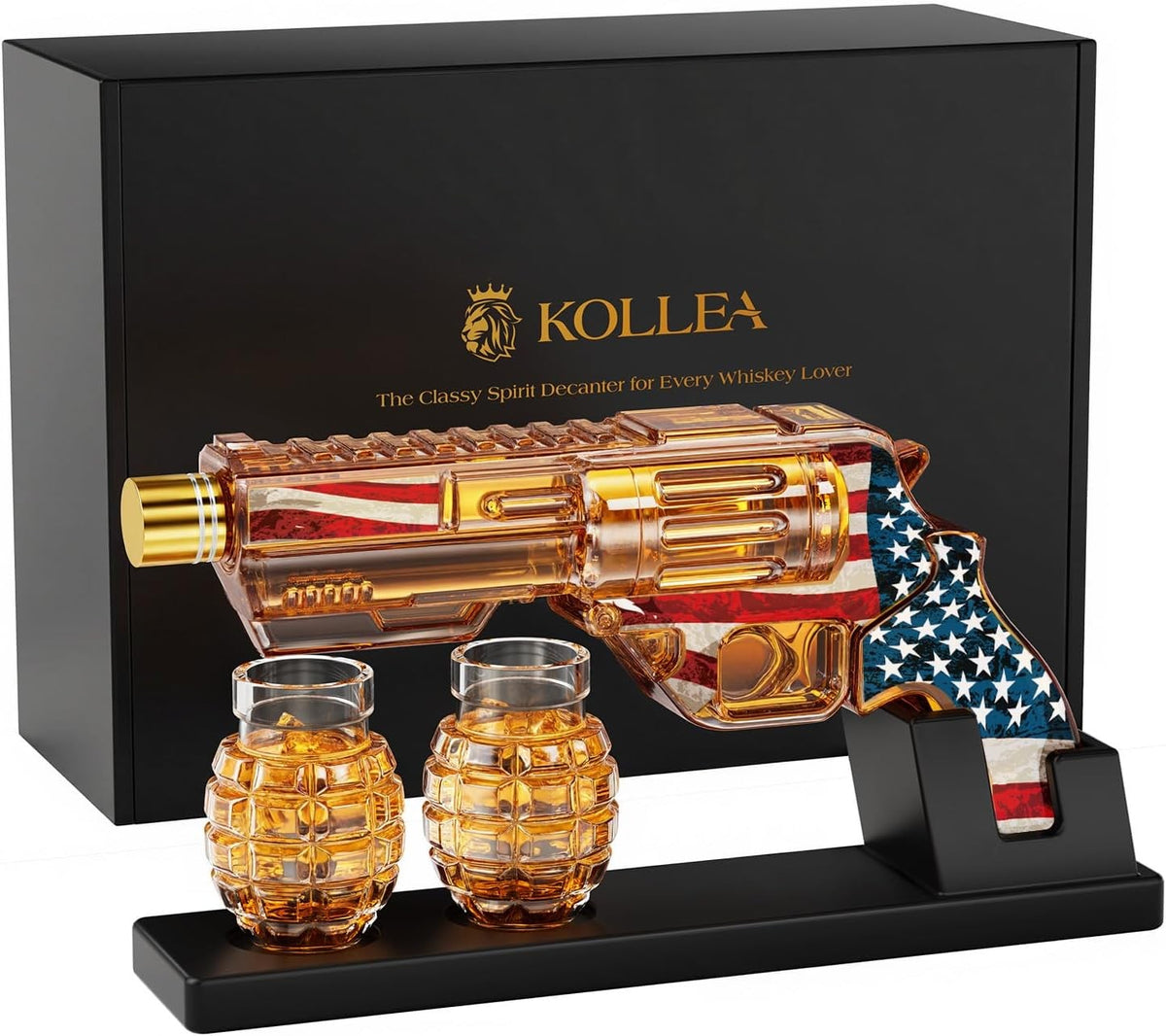 Gun Whiskey Decanter Flag Edition with Grenade Shot Glasses & Stand 380ml Gift S