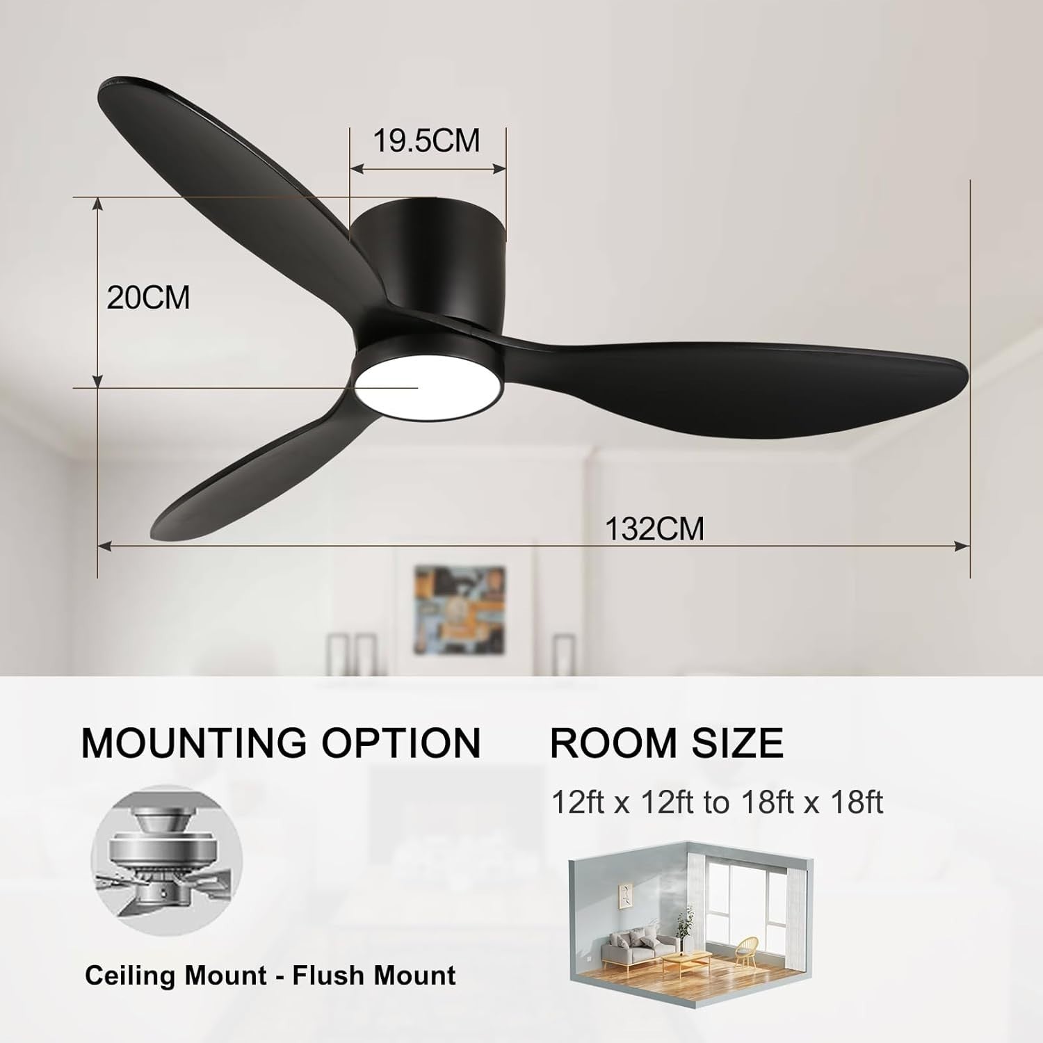 132cm Flush Mount Ceiling Fan LED Light App Remote Dimmable