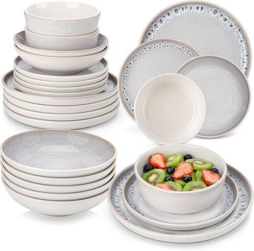 24pc Grey Stoneware Dinner Set Plates Bowls Reactive Glaze Service for 6