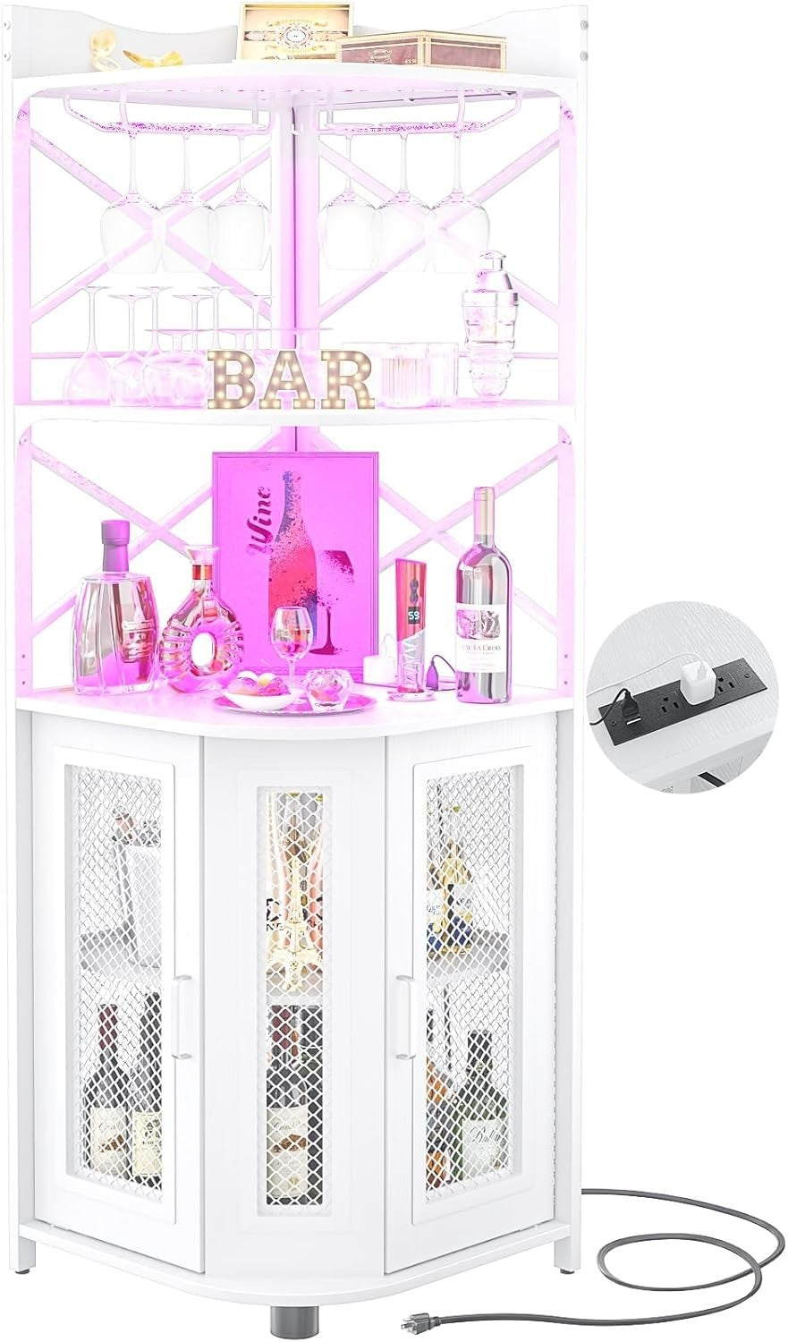 Corner Bar Cabinet with LED Lights & Power Outlets, 5-Tier Liquor Display Unit
