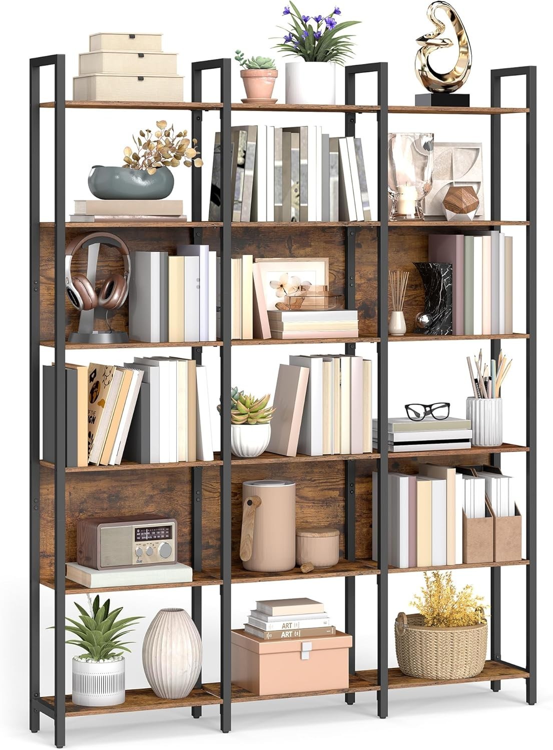 6 Tier Industrial Bookcase Rustic Brown Shelf Tall Storage Unit 128x24x187cm
