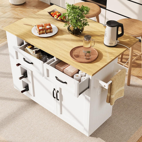 Kitchen Island Trolley with Power Strip, Fold-Out Table, Storage & Wheels