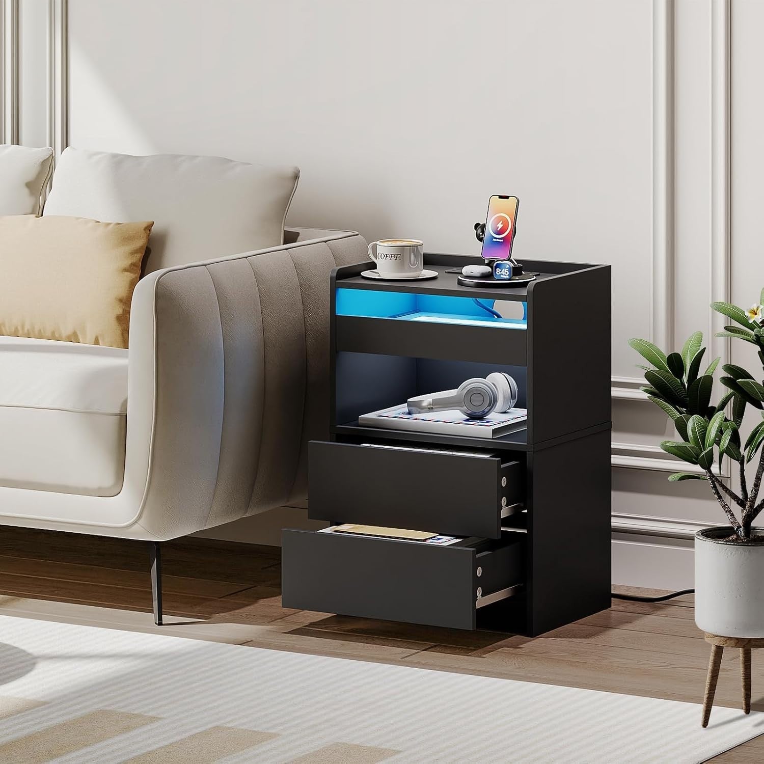 Smart LED Bedside Table with Charging Station & 3 Drawers – Modern Black