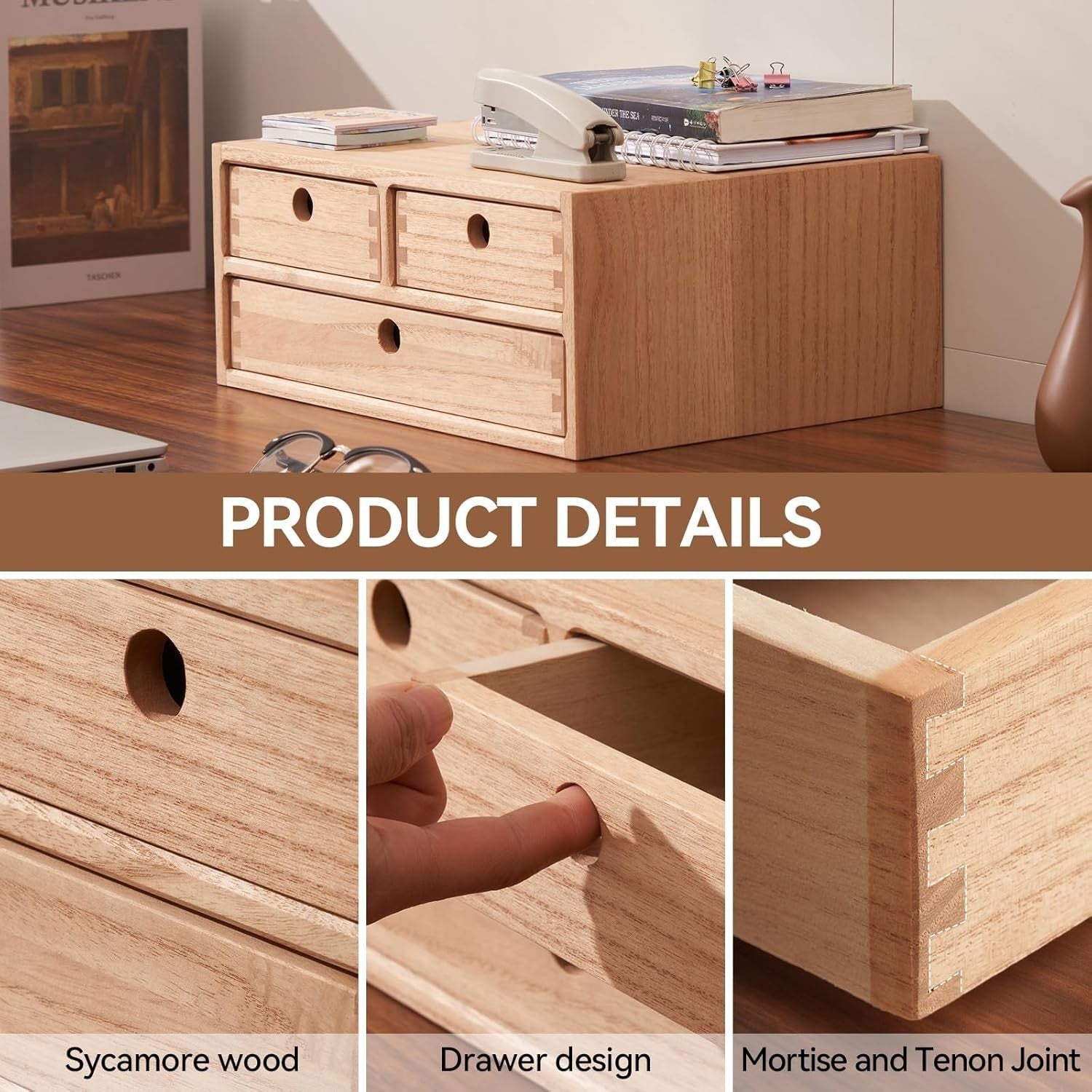 Natural Wood Desktop Organizer 3 Drawer Filing Box 35cm Office Storage