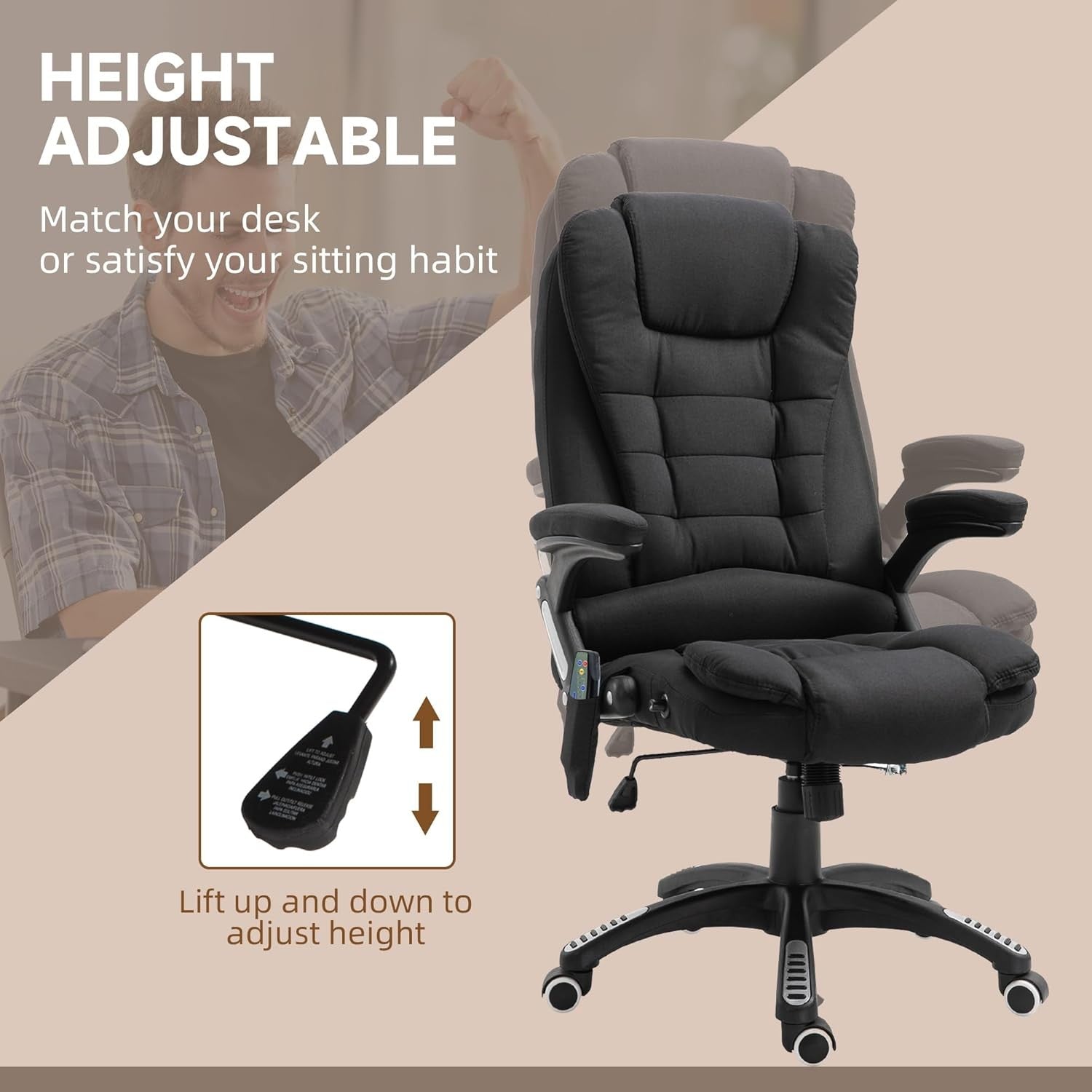 Heated Massage Office Chair 6 Point High Back Recliner Black