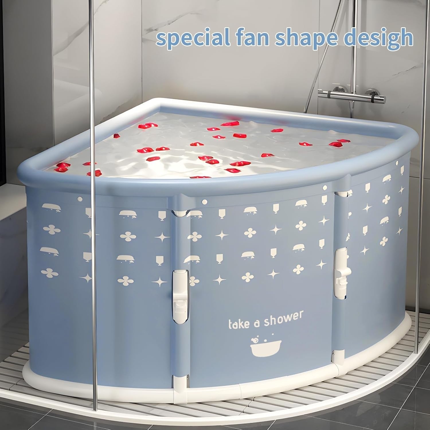 Fan-Shaped Foldable Adult Bathtub Portable Space-Saving Corner Tub Grey