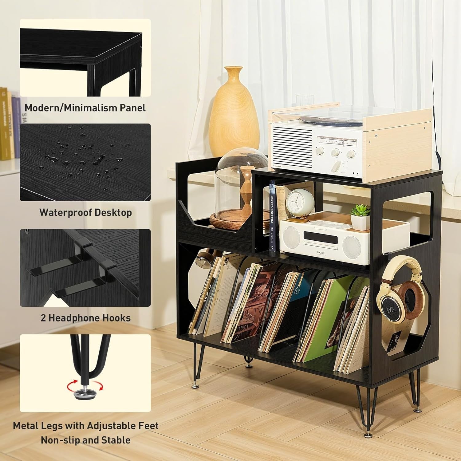 Large Record Player Stand Vinyl Storage Cabinet Holds 370 Albums Black