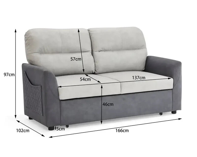 2 Seater Grey Sofa Bed Clic Clac Pull Out with Storage Pockets Fabric Seat