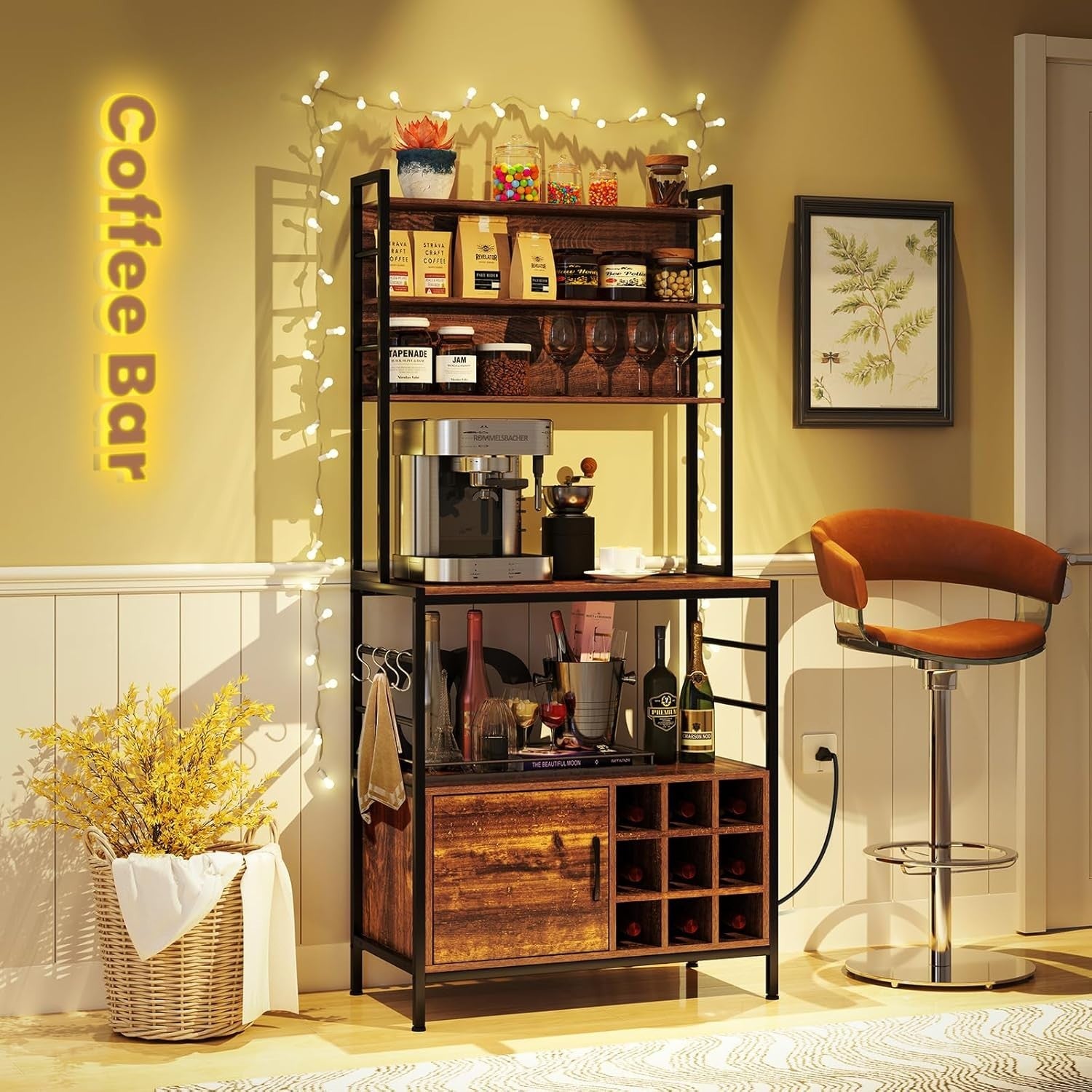 Kitchen Baker’s Rack Wine Bar Cabinet with Power Outlets, Rustic Brown Storage