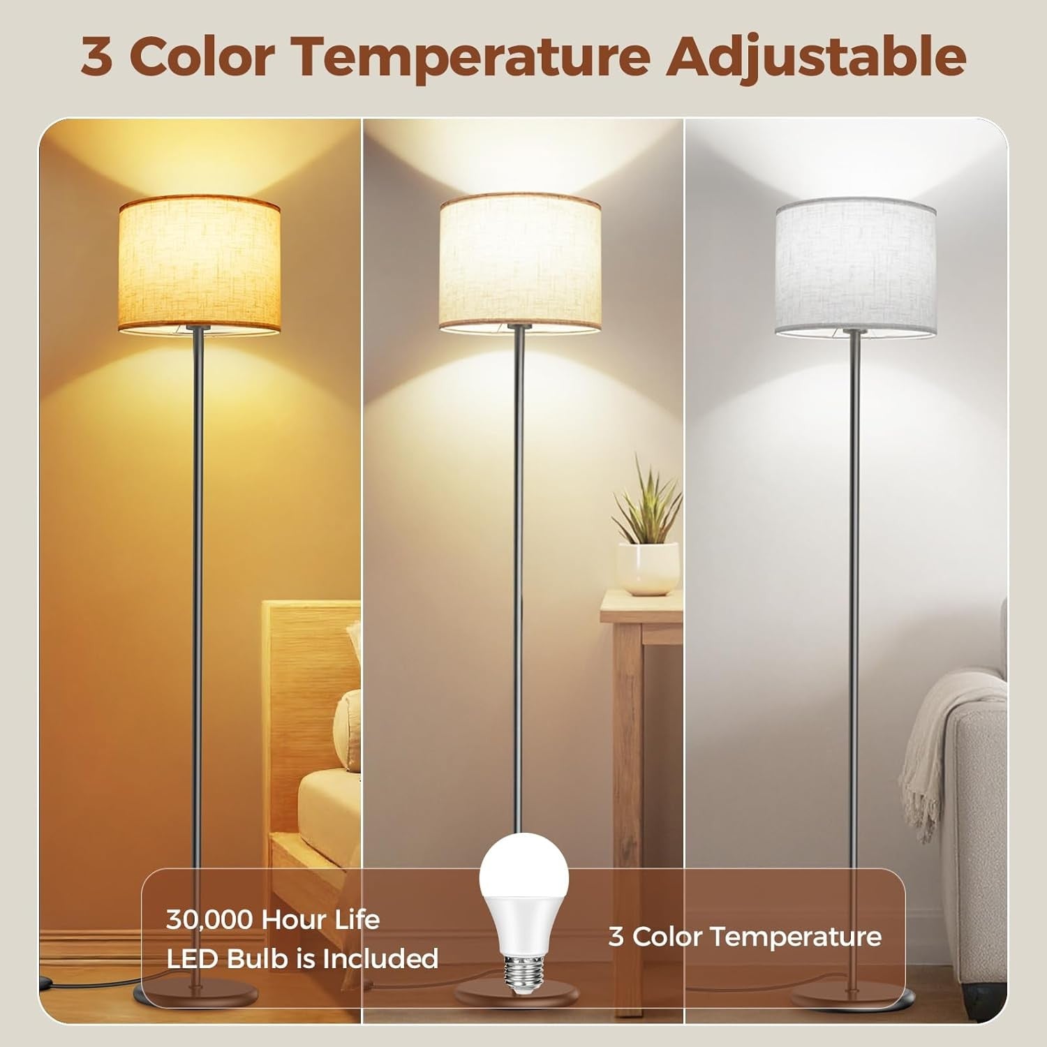LED Floor Lamp 62in Tall Beige Shade 3 Color Dimmable Standing Light Bulb