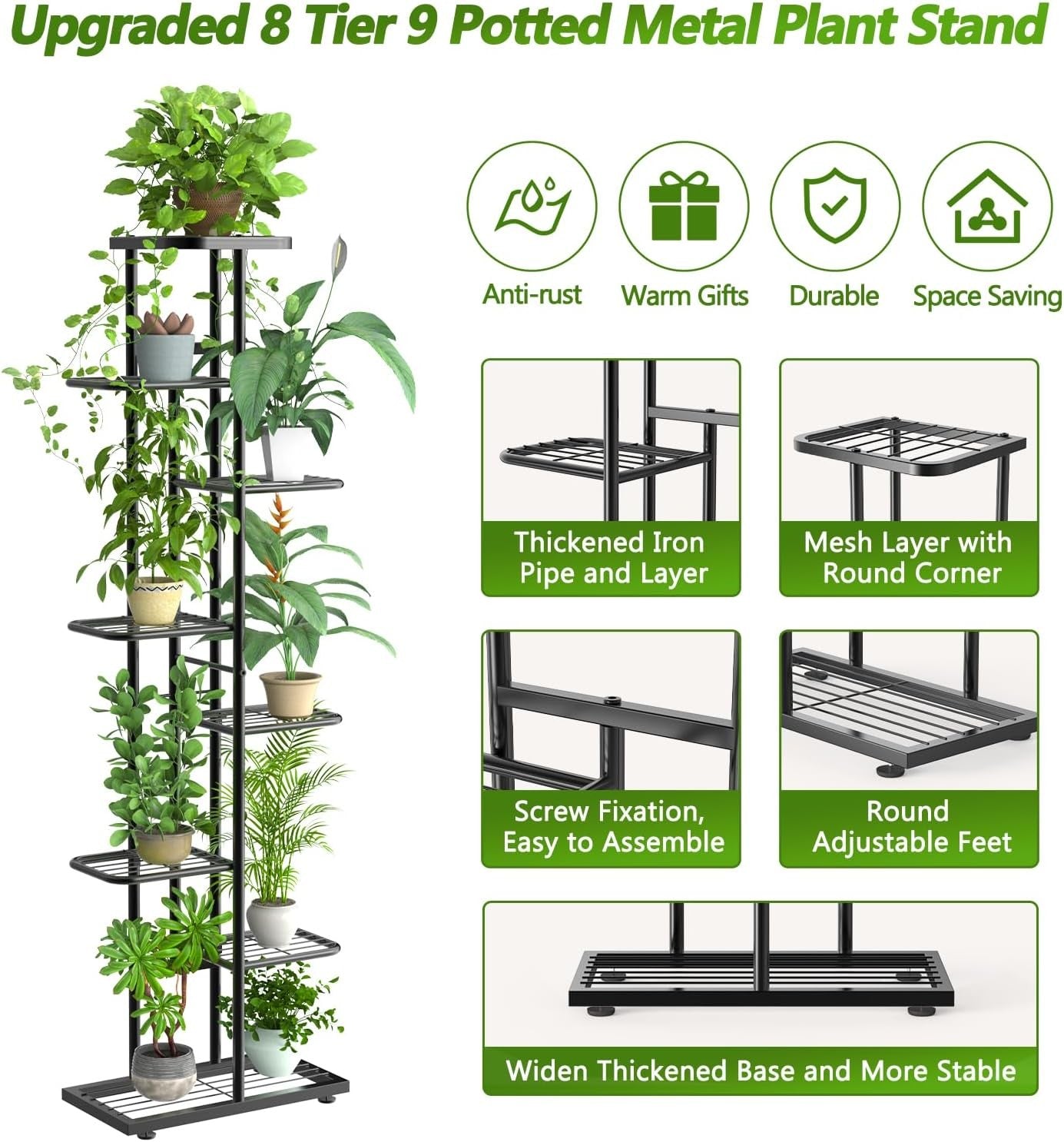 8 Tier Tall Black Metal Plant Stand Indoor Outdoor Flower Shelf with Tools Set