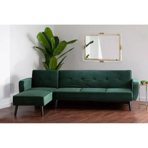 Green Velvet Corner Sofa Bed 3-Seater Pull Out Chaise Tufted Couch