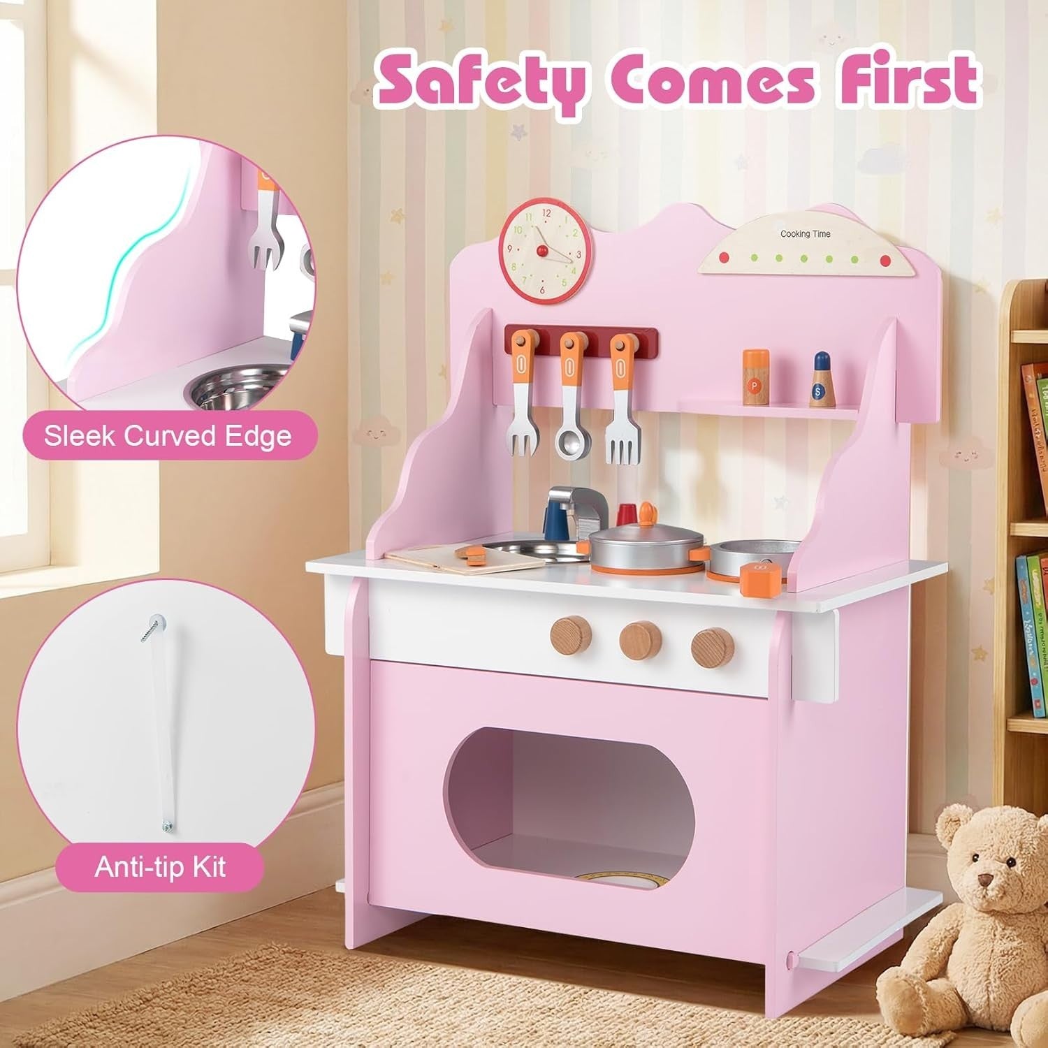 Wooden Kids Play Kitchen Pink Toy Set Stove Sink Oven Accessories