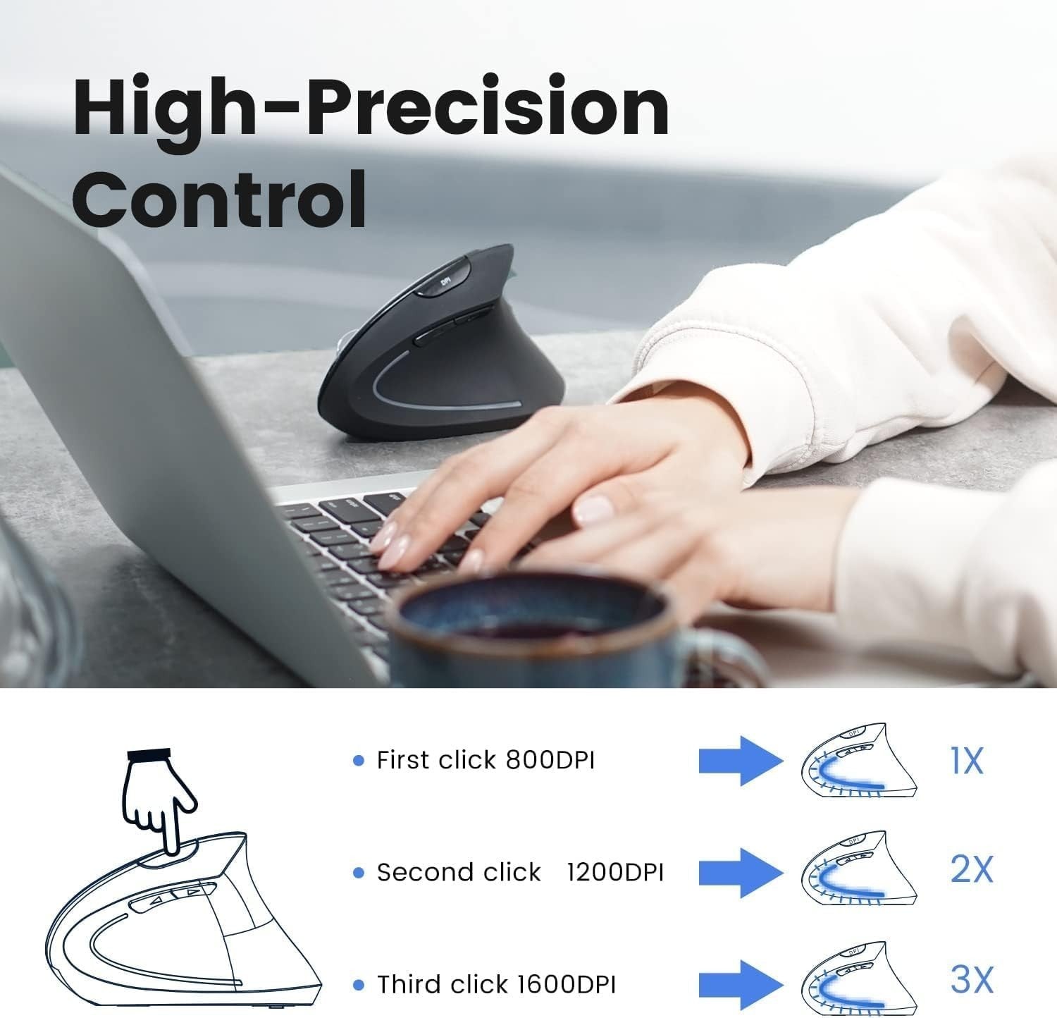 Bluetooth Vertical Ergonomic Mouse 3 Device Wireless 46.6° Grip