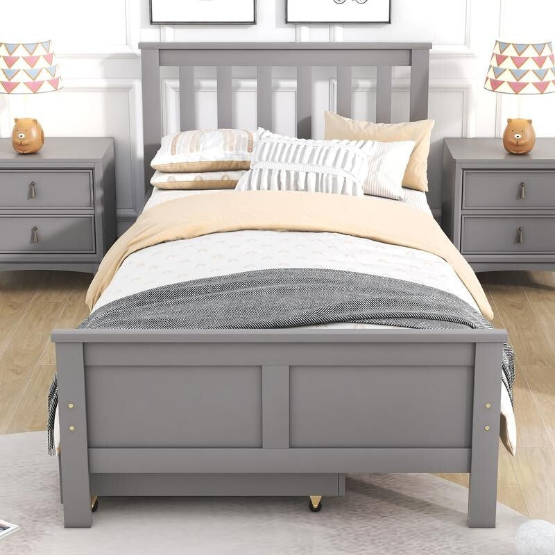 3FT Single Grey Wooden Bed Frame with Storage Drawers Kids Adults Solid Pine