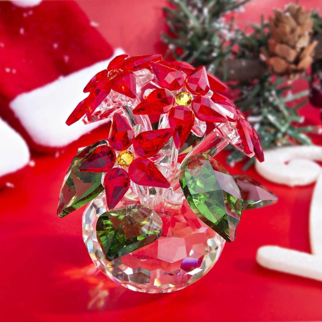 Crystal Poinsettia Flower Ornament • Red Glass Figurine • Luxury Table Décor