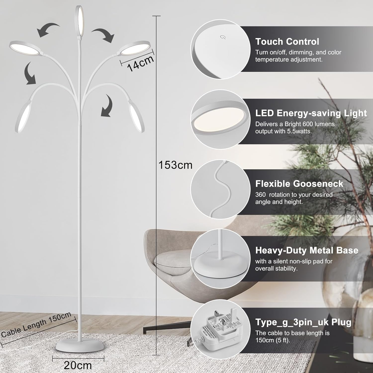 LED Floor Lamp Touch Dimmable White Standing Light 3 Colour Memory Modern