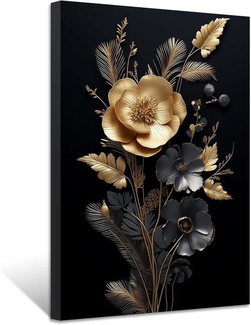 Black Gold Floral Canvas Wall Art Framed 16x24in