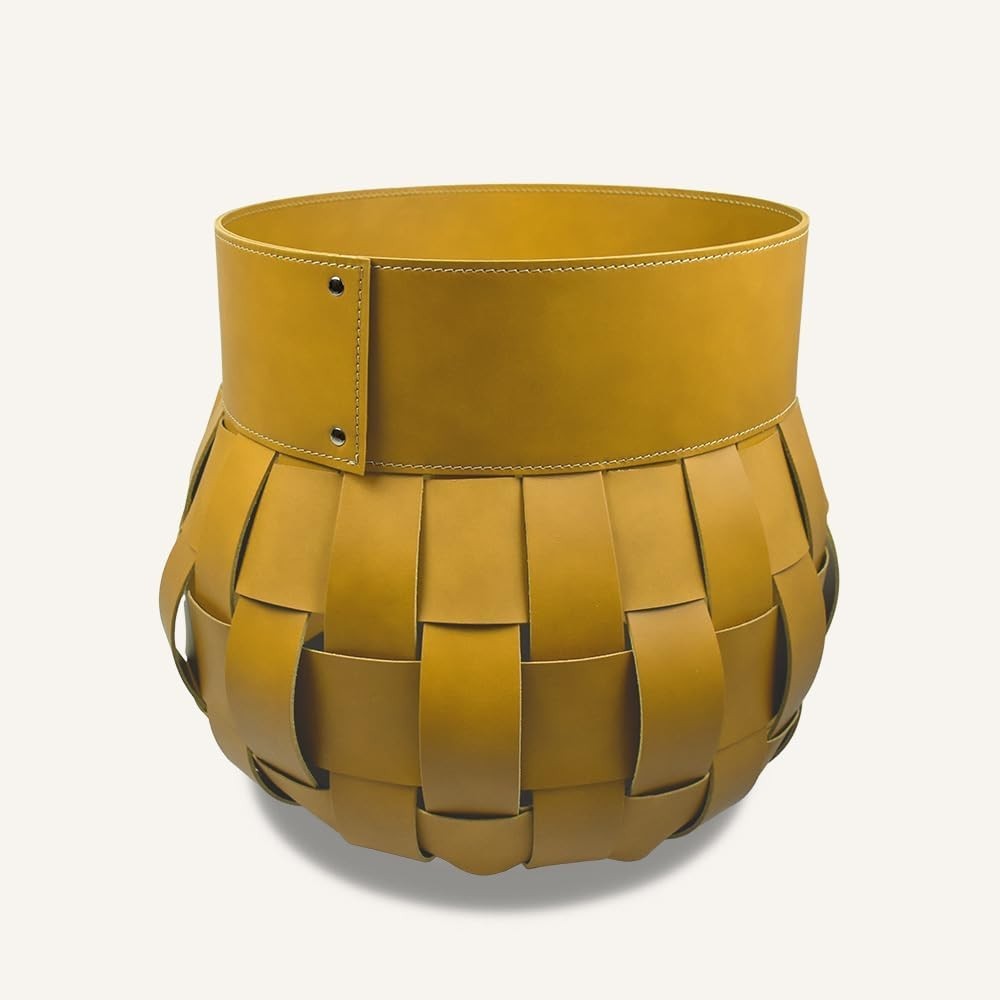 Yellow Leather Firewood Basket with Wheels – Indoor Log Holder, 45x45x48 cm