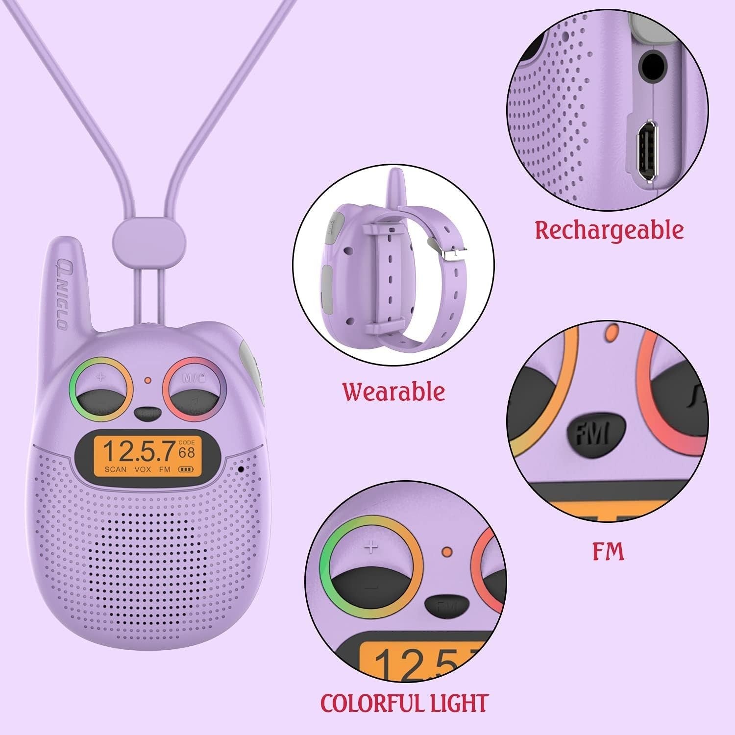 Kids Rechargeable Walkie Talkies Watch Style FM Radio VOX Long Range