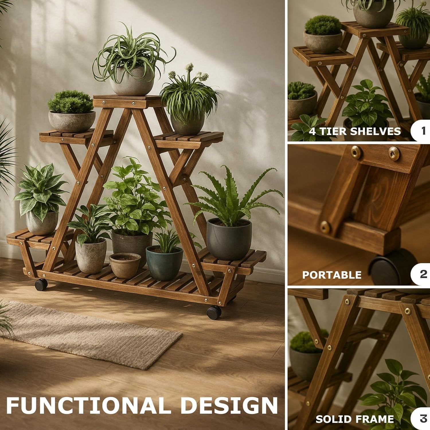 Wooden 4 Tier Plant Stand with Wheels Indoor Outdoor Flower Shelf 93x28x95cm