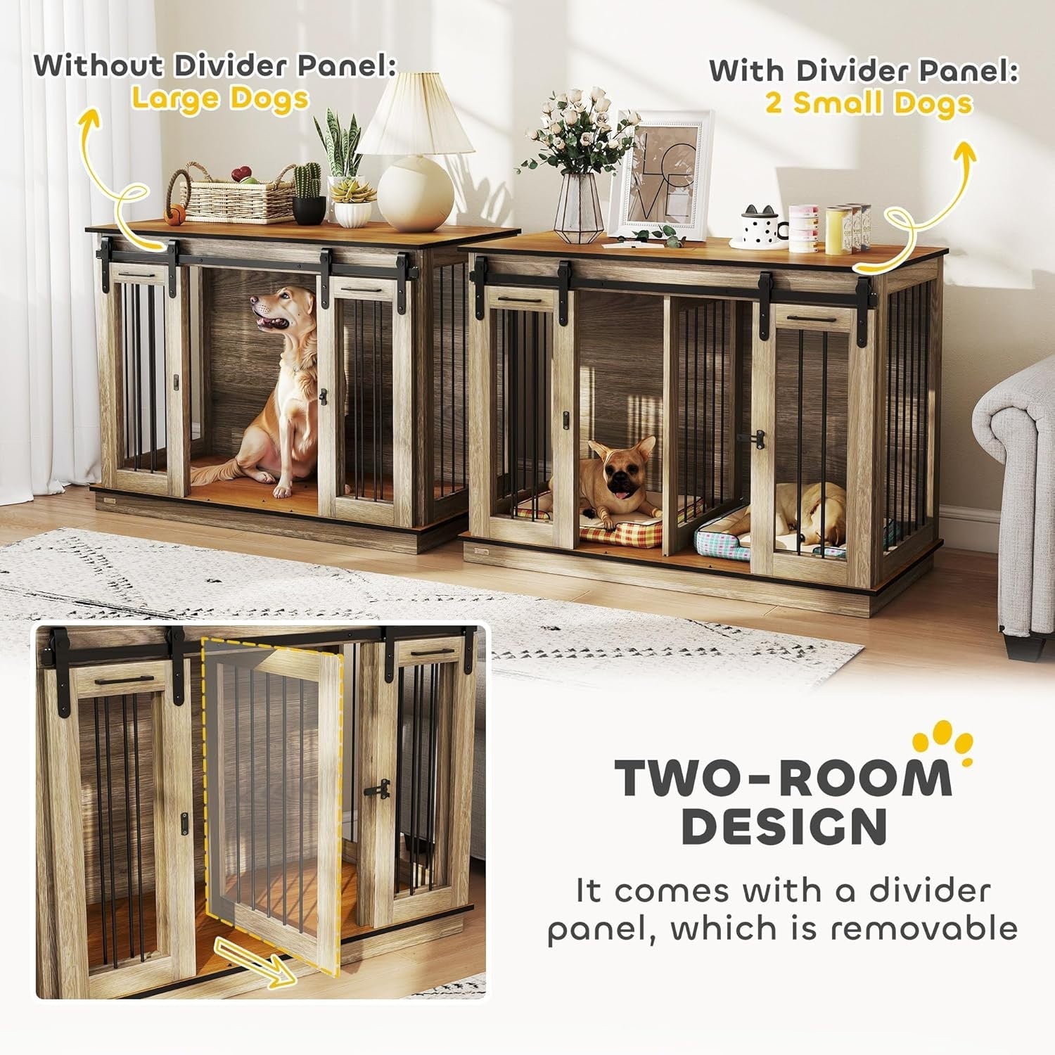 Large Oak Tone Dog Crate Furniture with Divider, Sliding Doors & Side Table