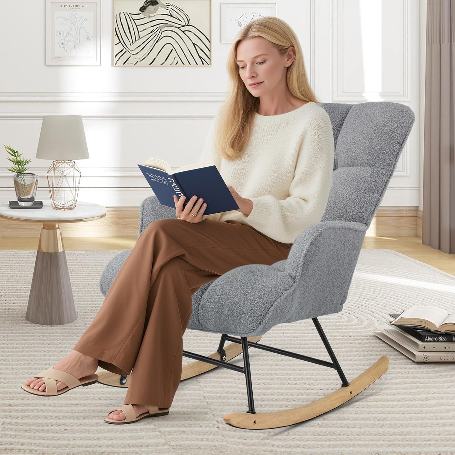 Teddy Rocking Chair Glider for Nursery Adult Armchair Recliner Grey