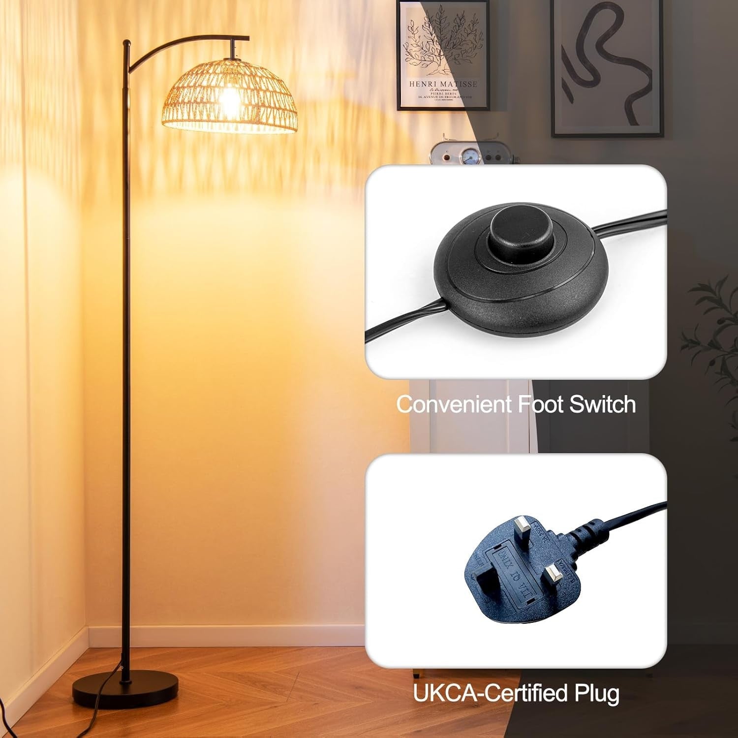 Arc Floor Lamp Woven Shade Foot Switch Tall Modern Standing Reading Light