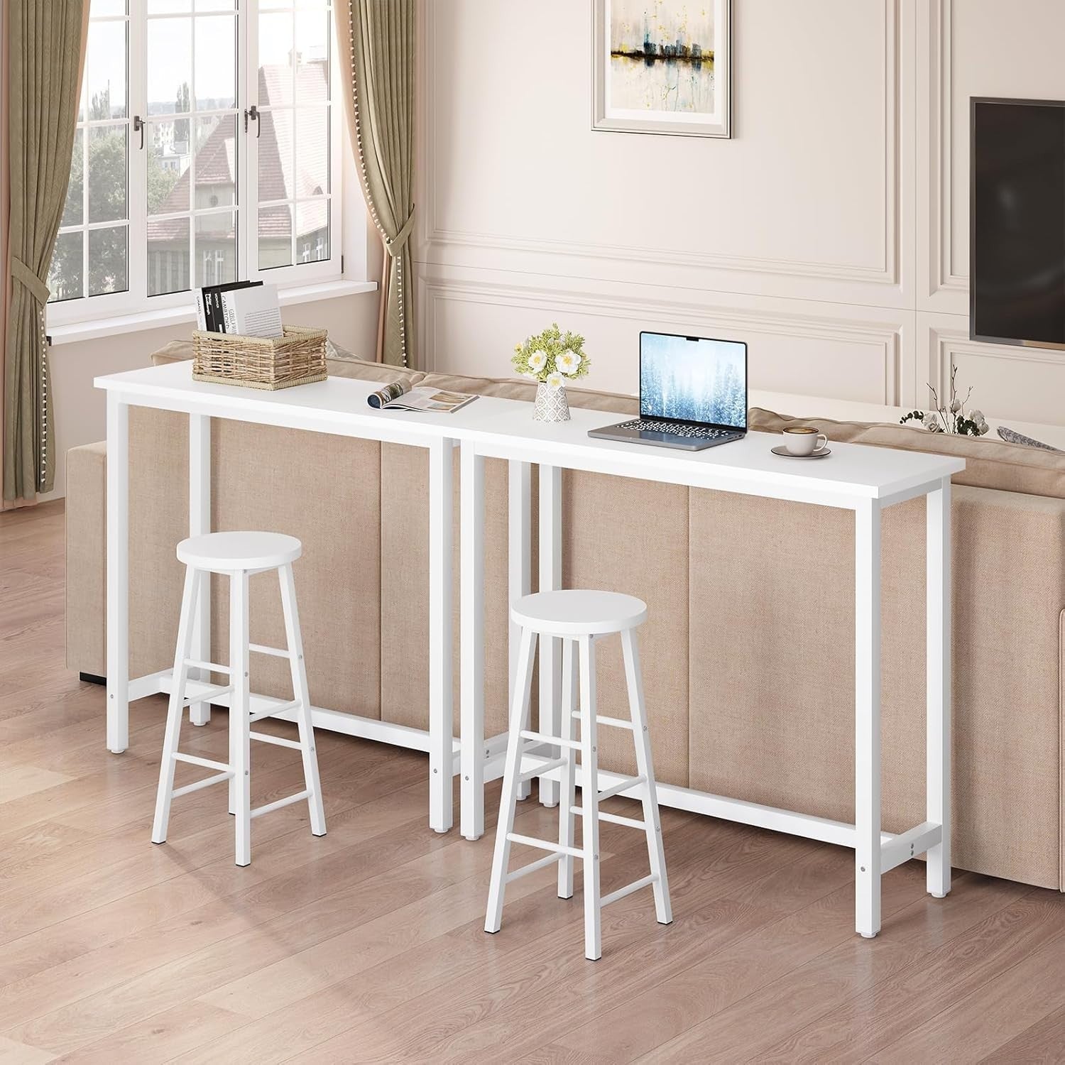 White Bar Table Set with 2 Stools, Space Saving Breakfast Counter with Footrest