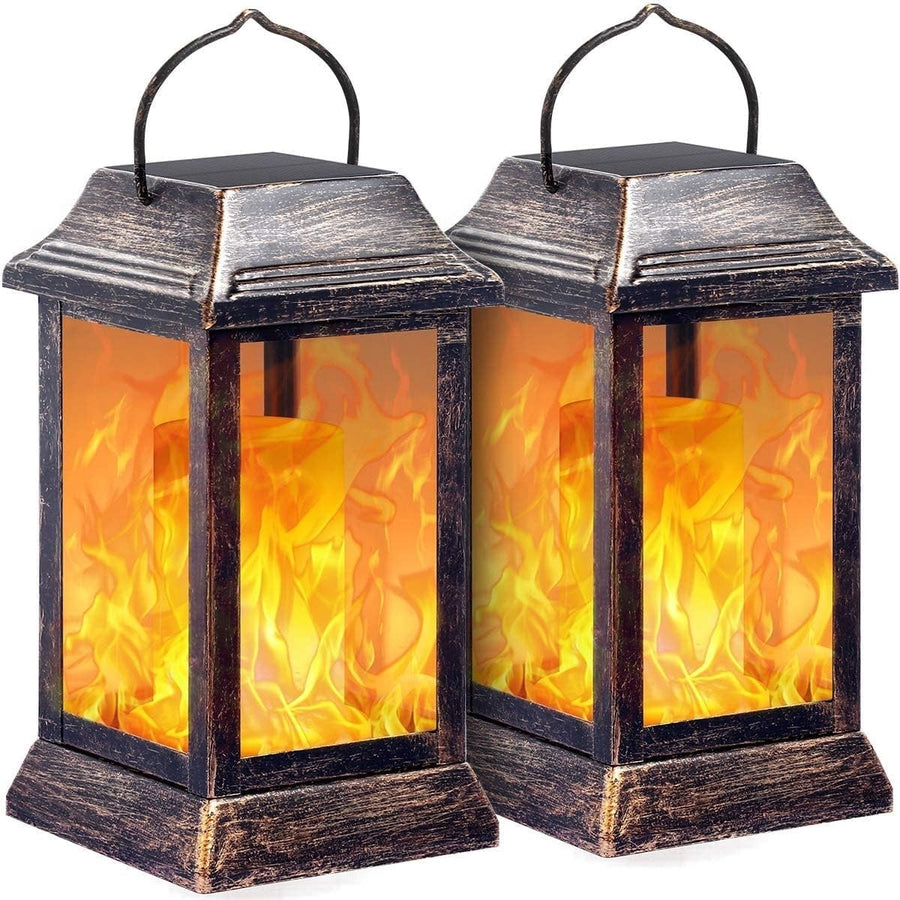 2 Pack Solar Flame Lanterns Outdoor Waterproof Bronze
