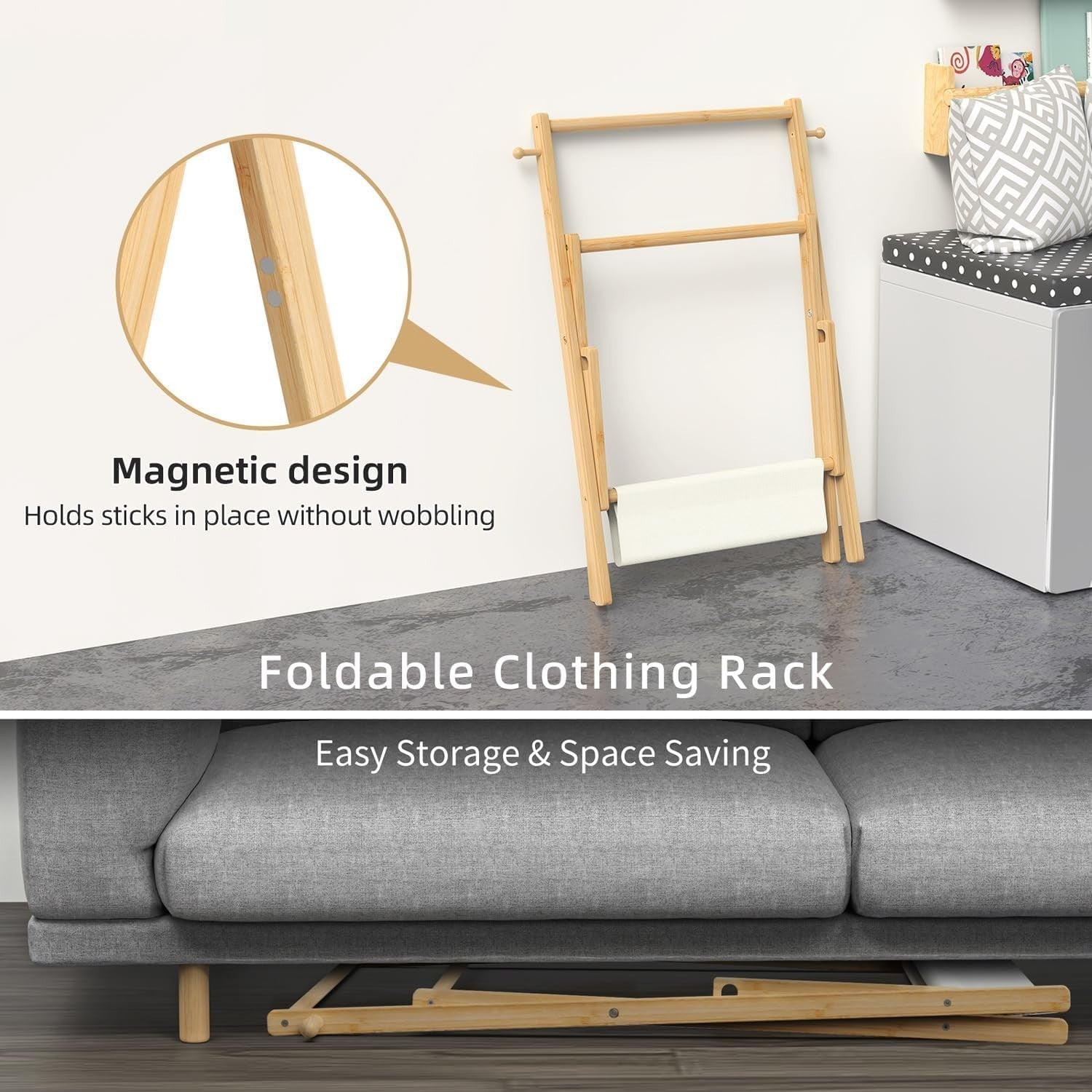 Baby Clothes Rack with Double Rods and Shelf, Natural Bamboo, Free-Standing